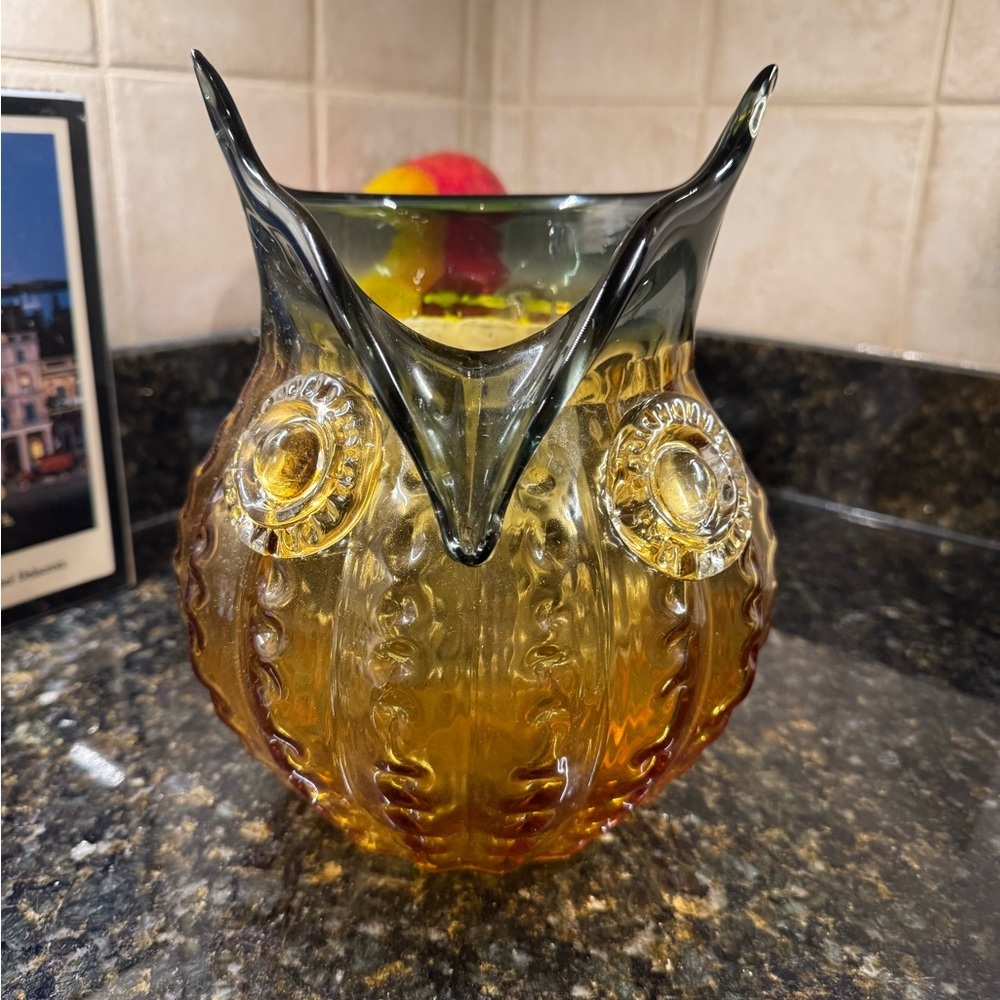 Pier 1 Amber and Black Glass Owl Candle Holder